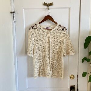 Vtg R&K Originals Cream Open Knit Crochet Short Sleeve Cardigan Cottage 90s